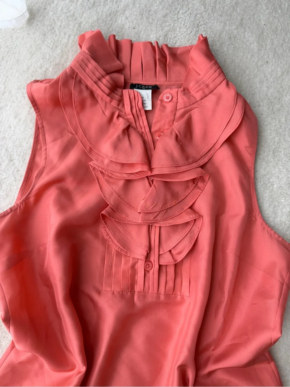 J. Crew 100% Silk Sleeveless Coral Ruffle Front Blouse